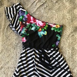 Floral and striped one shoulder ruffled maxi dress